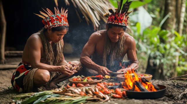Indigenous people cooking over fire in jungle.
