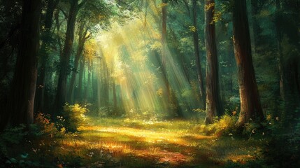 Soft sunbeams filtering through tall trees in a peaceful forest, casting gentle light on the forest floor, representing nature's calm