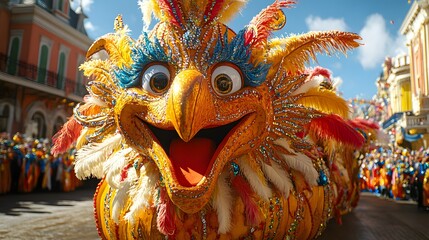 Obraz premium Papercut style carnival float decorated with colorful beads, feathers, and masks, marching through a lively Mardi Gras street