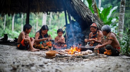 Indigenous family gathering around fire in jungle.