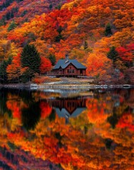 Autumn Beauty: Serene Lake Cabin Amidst Vibrant Foliage in New Hampshire