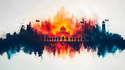 Obraz premium Watercolor illustration of Republic Day parade in India with soldiers marching in front of India Gate, national flags waving in the background