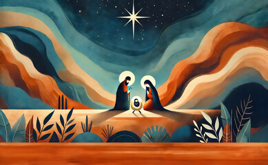 Watercolor painting Nativity scene in Bethlehem. Christmas scene illustration showing holy family baby Jesus in the manger Joseph and Mary. Banner Copy space © melita