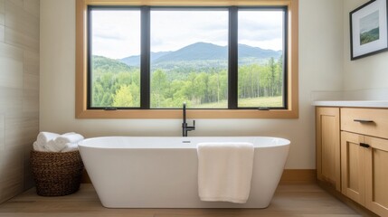 Modern Bathroom with Large Windows and Nature View