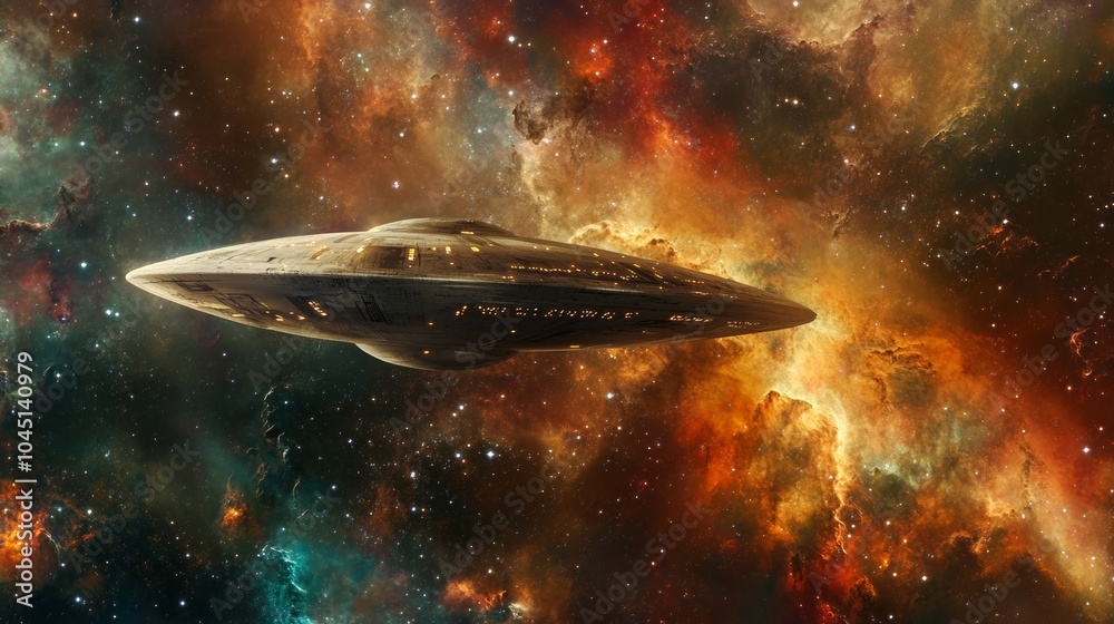 Wall mural alien spaceship exploring a distant nebula in deep space