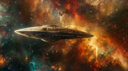 Alien spaceship exploring a distant nebula in deep space