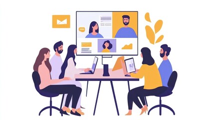 virtual business team, business team collaborating virtually through advanced video conferencing platforms illustrations