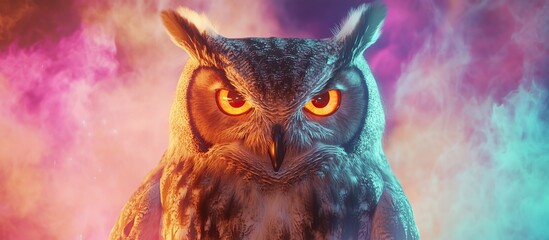 Obraz premium A striking owl with glowing orange eyes against a colorful background. 