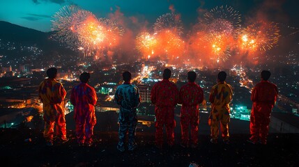 Friends at a rooftop party under colorful lights and fireworks, wearing festive outfits and celebrating New Year