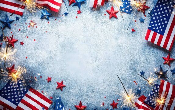 4th of July: A festive background with American flags, sparklers, and red, white, and blue decorations. The top of the image is left open, providing space for a patriotic message