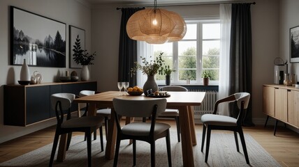 A modern dining room with a wooden table and chairs, a large window, and a contemporary light fixture.