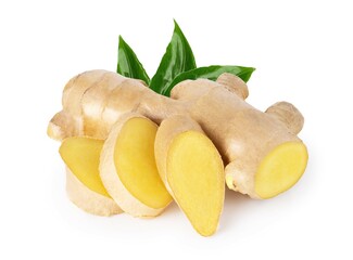 Ginger root with leaves isolated on white background
