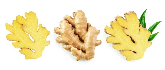 Naklejka premium Ginger root isolated on white background, top view