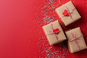 Express your love on Valentine's Day with a top view of craft paper gift boxes, rustic hearts, sprinkles with generative ai