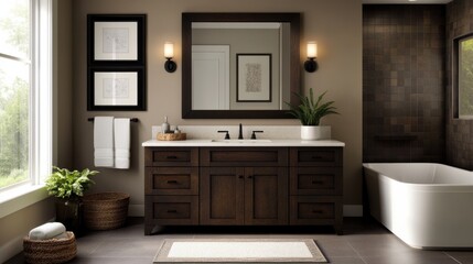 Chic Bathroom with Dark Wood Cabinetry and Large Mirror