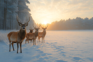 Naklejka premium A serene winter scene of deer standing on a snowy field, with soft winter light and distant trees creating a peaceful, natural atmosphere.
