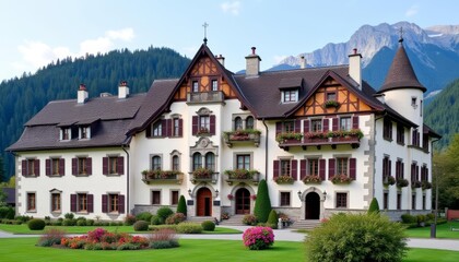  Elegant chaletstyle mansion with mountain backdrop