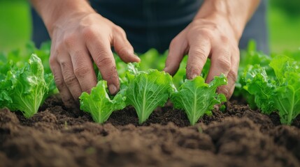 Hands Planting Fresh Lettuce in Enriched Soil