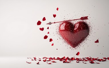 Valentines Day: Cupids arrow flying through a red heart with rose petals scattered below. The left side is open for a Valentines greeting. 