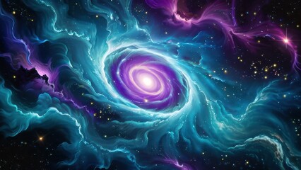 A mesmerizing cosmic swirl of vibrant purples, blues, and turquoise, resembling a galaxy or nebula, set against a starry space backdrop, creating a dynamic and ethereal feel