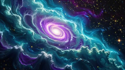 Obraz premium A mesmerizing cosmic swirl of vibrant purples, blues, and turquoise, resembling a galaxy or nebula, set against a starry space backdrop, creating a dynamic and ethereal feel