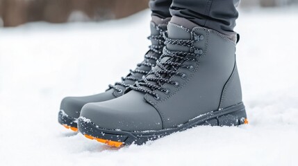Close-Up of Waterproof Snow Boots in Fresh Snow