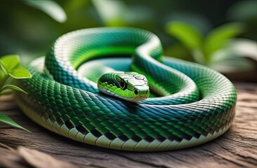 Fototapeta premium striking close-up of green snake with bronze stripe