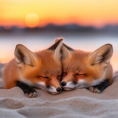 Fototapeta premium Cute Baby Red Foxes Cuddling on Nova Scotia Beach in June