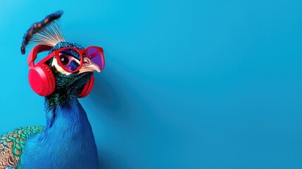 Peacock wearing red headphones against a bright blue background.