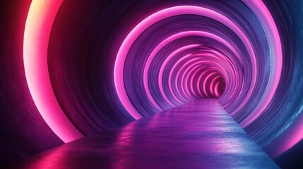 Glowing neon lights forming tunnel with concrete floor
