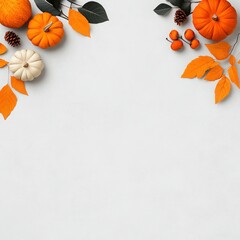 Obraz premium Autumn Harvest: Vibrant Orange Pumpkins and Leaves on Light Background