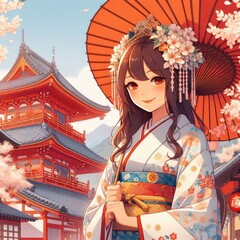 Obraz premium Culture Day in Japan. a holiday in Japan. Japanese architecture. a girl in a traditional Japanese outfit. asian woman