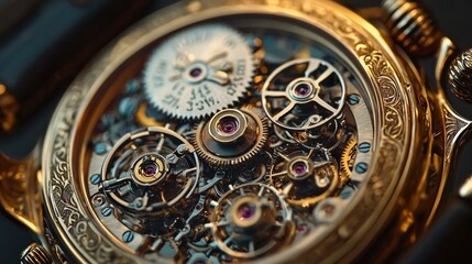Obraz premium Close up of Intricate Gold Watch Mechanism with Gears and Cogs