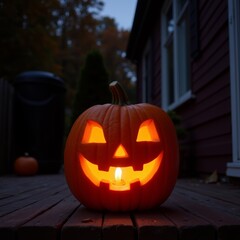 Carved Halloween pumpkin, festive mood, glowing with candlelight on porch