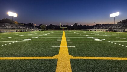 Football field illuminated at night beneath stadium lights