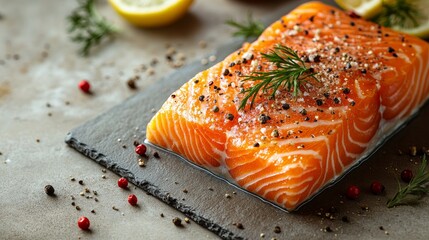 Fresh salmon fillet seasoned with salt and peppercorns