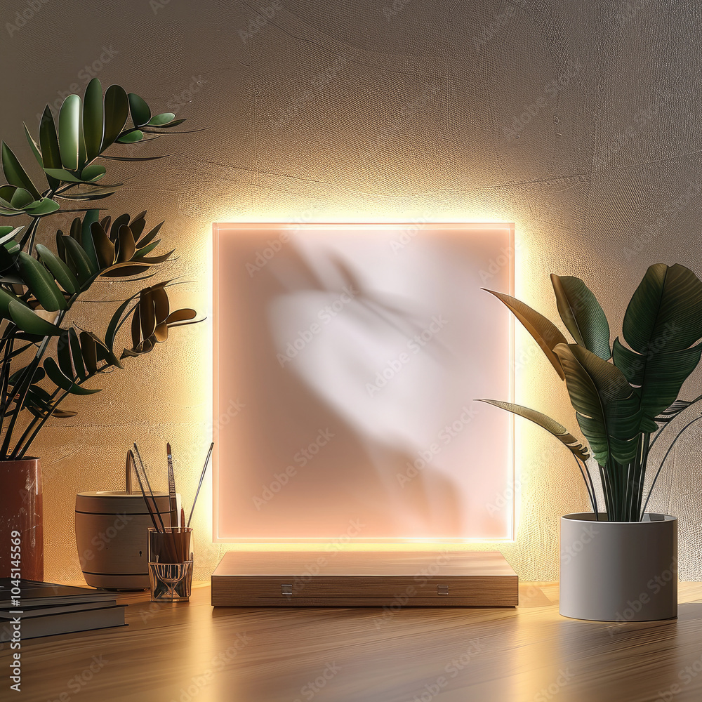 Aufkleber A square acrylic LED light mockup with white lighting and shadows, featuring a blank acrylic square on the front face of the lamp in a front view. a plain background color.