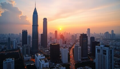 Obraz premium Sunset over a bustling city skyline