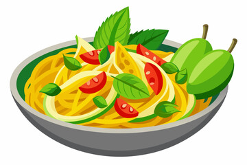 A plate of pasta with a green plate of vegetables and a green plate with a lemon on it on a white background