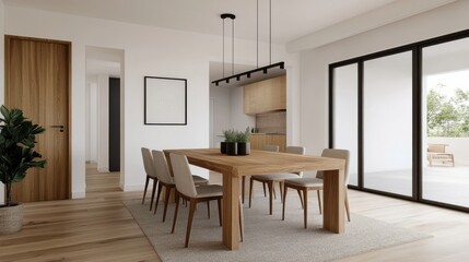 Fototapeta premium Elegant Dining Room with Wooden Table and Minimalist Decor