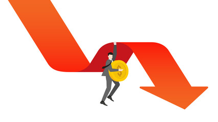 A businessman holding a coin and hanging on a slumped red arrow graph for average cost. Profit, strategy, wealth, and growth opportunities in the corporate business and financial concept
