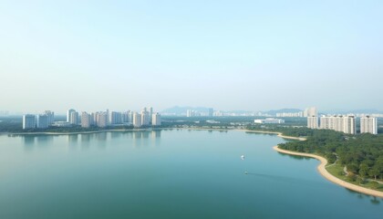 Obraz premium Elegant cityscape by serene lake