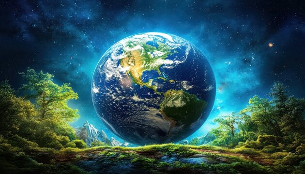 Earth celebrating Arbor Day with vibrant forest and illuminated atmosphere