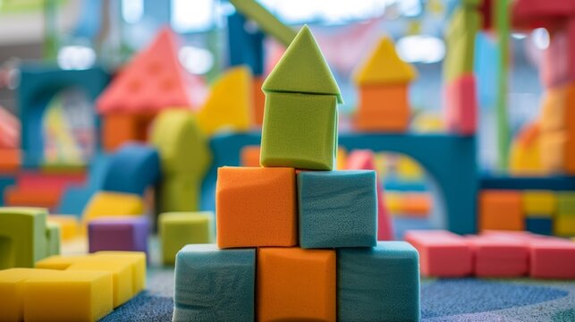 A play area with soft foam blocks and building materials encouraging children to use their imagination and build structures.