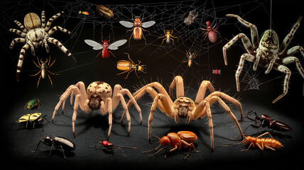 Fototapeta premium Detailed illustration of various insects and spiders in a dark and creepy setting 