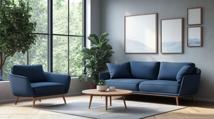 living room interior design with blue sofa and armchair near the window, Scandinavian home decoration concept.