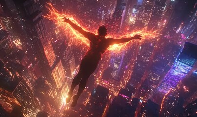 Fototapeta premium A person flying over a city with fiery wings.