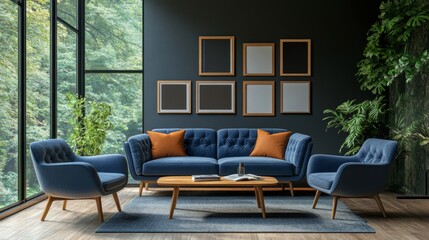 living room interior design with blue sofa and armchair near the window, Scandinavian home decoration concept.