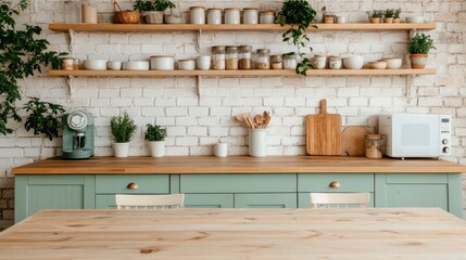 Bright Farmhouse Kitchen with Wooden Table and Shelves