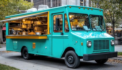 Food truck serving delicious meals at a lively city festival in autumn